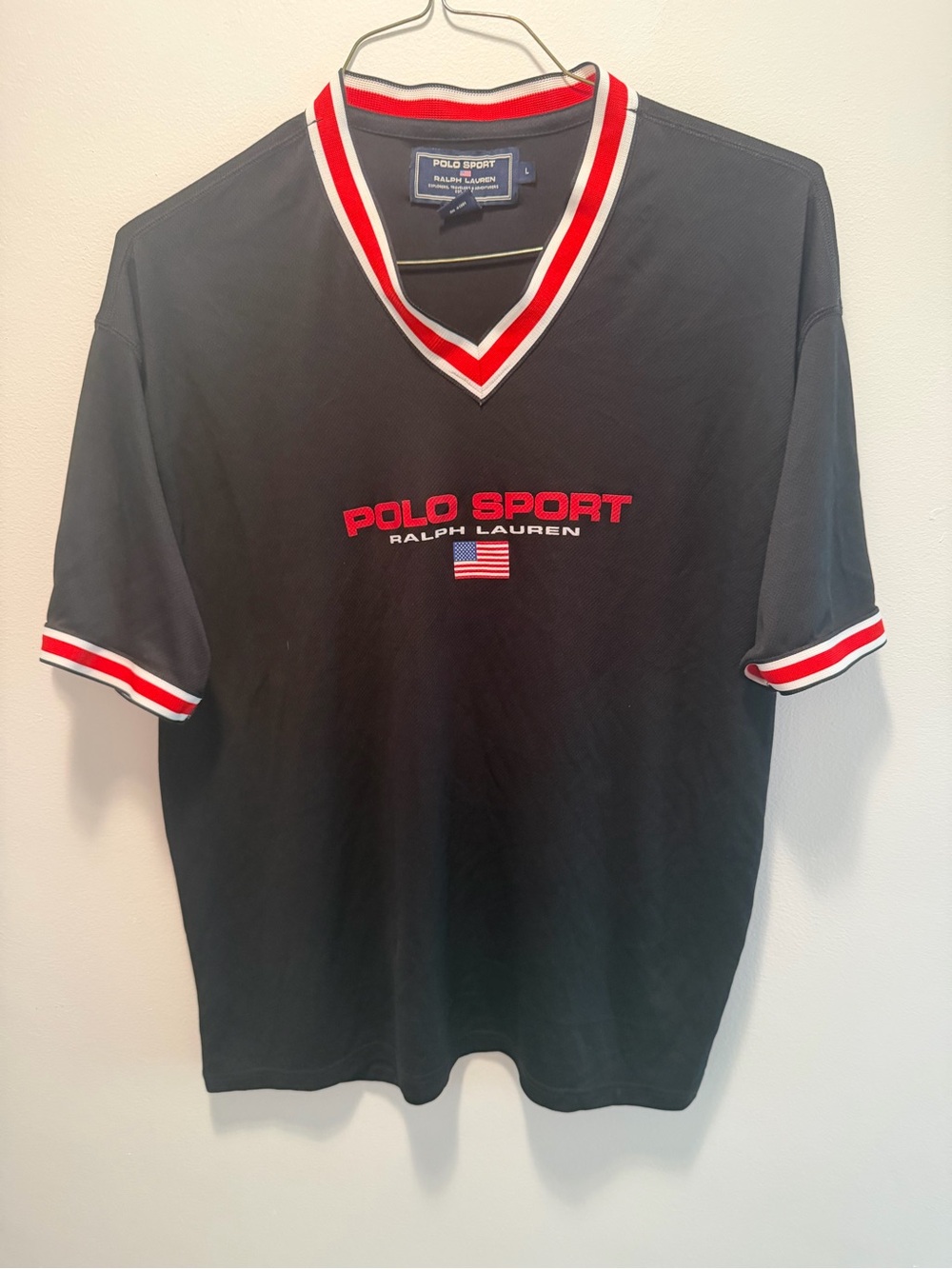 Polo by Ralph Lauren Vintage Black Polo Sport V‑Neck Tee with Red & White Trim